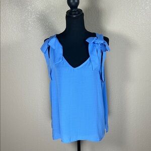 Bright Blue CeCe Tie-Shoulder V-Neck Top Flowy Chic Statement Blouse Large